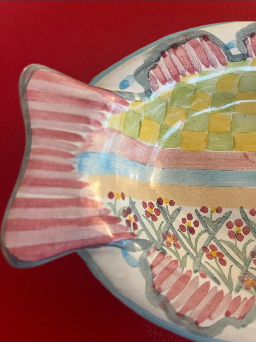 Vintage 1983 Hand-Painted Fish Ceramic Dish in Pink and Yellow